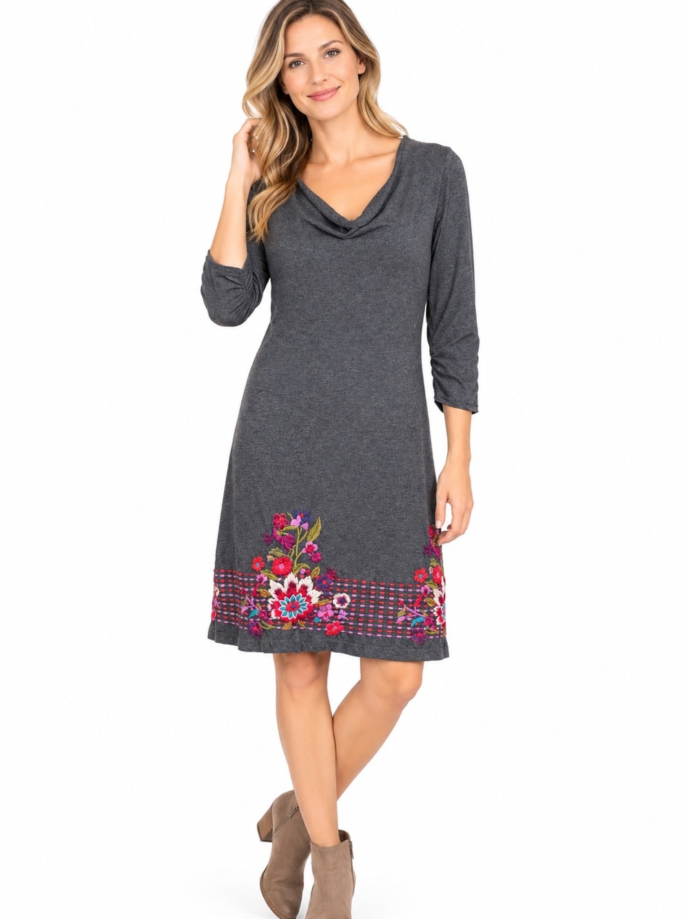 JOHNNY WAS JW LOS ANGELES Gray Floral Embroidered Cowl Neck Cotton Dress Size XS